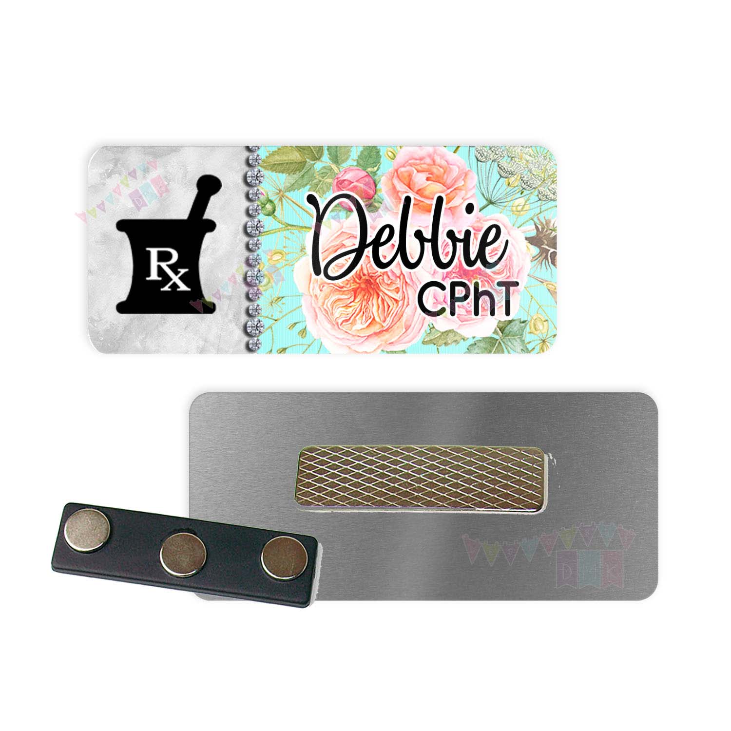 Pharmacy - Mortar & Pestle - Split Grey Floral BLING - PERSONALIZED - Custom Name Tag - 1.25" x 3" Magnetic OR Pin Back