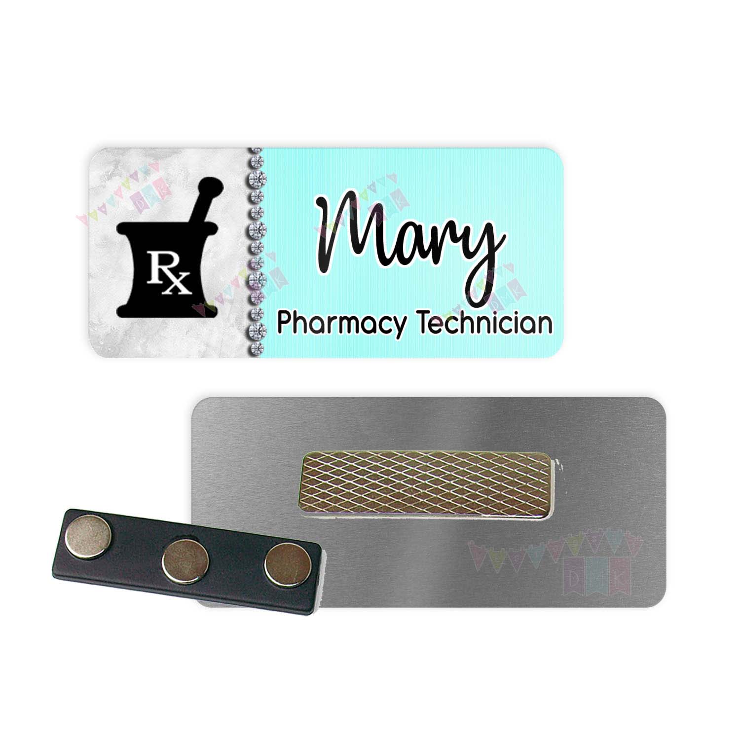 Pharmacy - Mortar & Pestle - Split Grey Brite Blue BLING - PERSONALIZED - Custom Name Tag - 1.25" x 3" Magnetic OR Pin Back