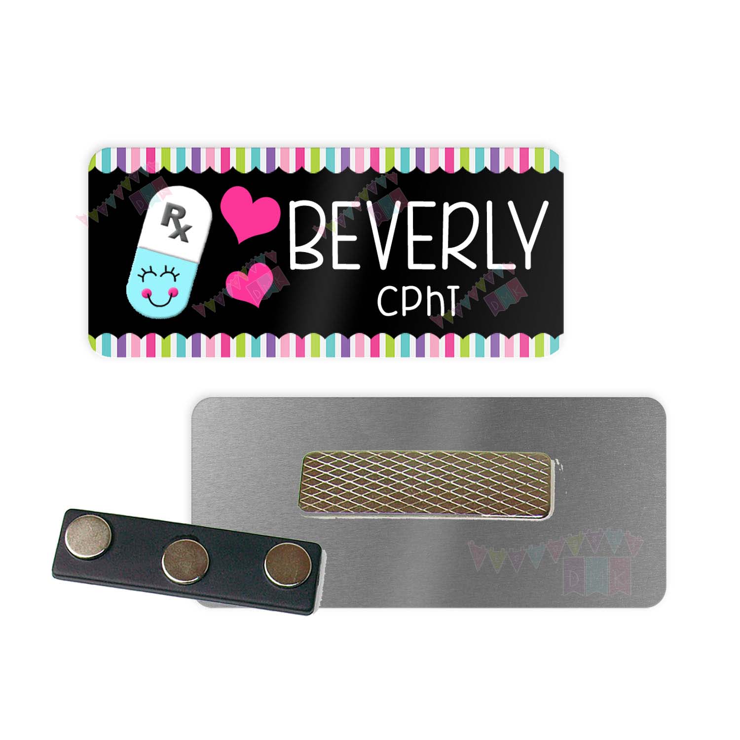 Happy Pill - Light Blue & White - Black - Brite Pastel Border - PERSONALIZED - Custom Name Tag - 1.25" x 3" Magnetic OR Pin Back