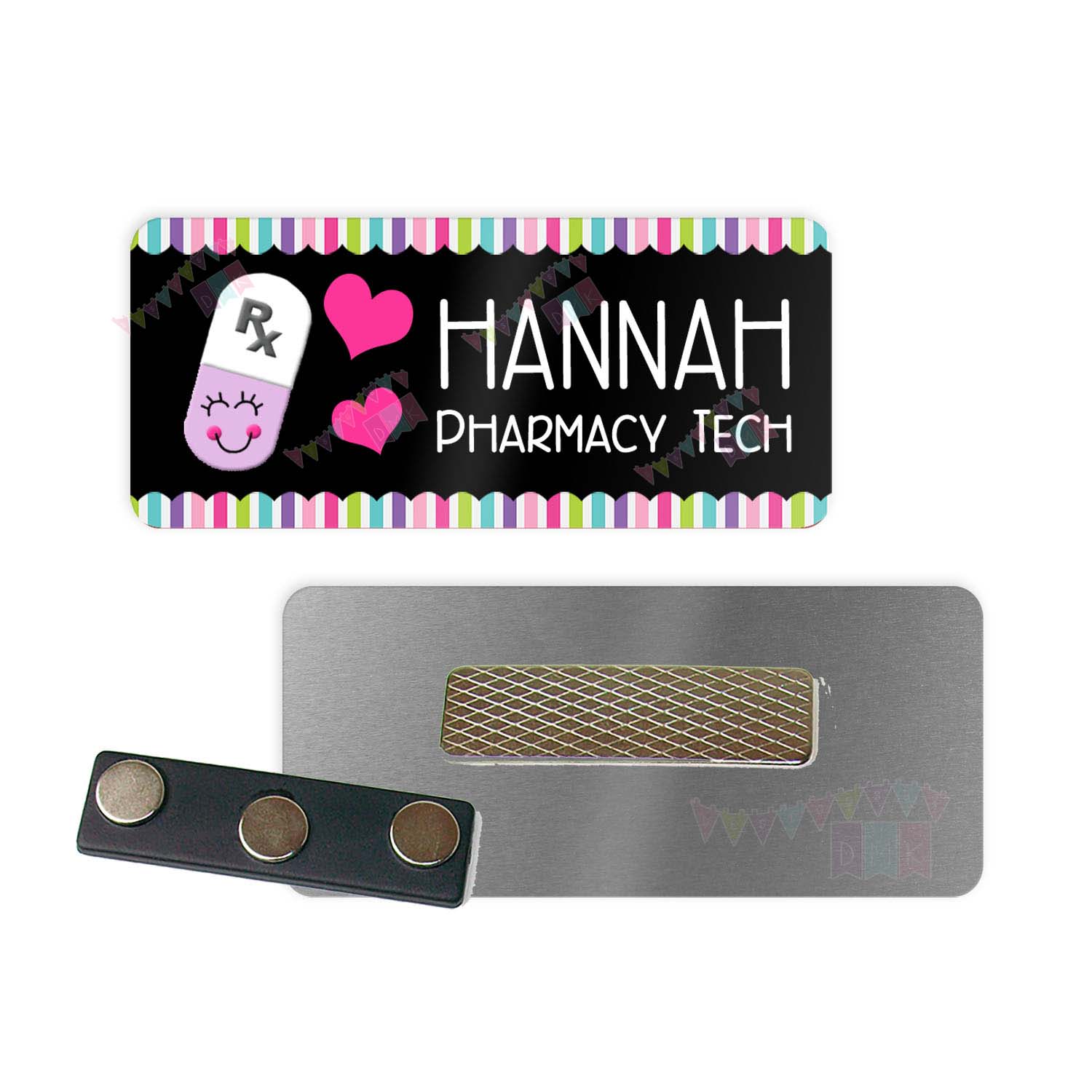 Happy Pill - Purple & White - Black - Brite Pastel Border - PERSONALIZED - Custom Name Tag - 1.25" x 3" Magnetic OR Pin Back