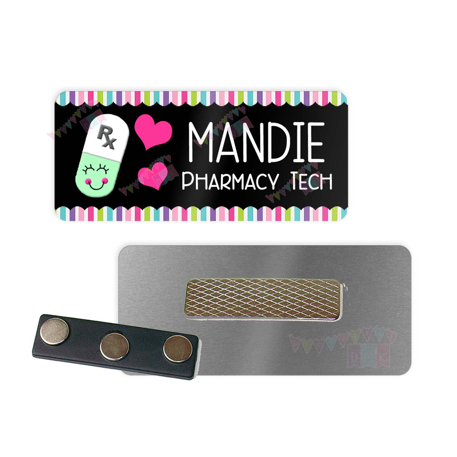 Happy Pill - Mint & White - Black - Brite Pastel Border - PERSONALIZED - Custom Name Tag - 1.25" x 3" Magnetic OR Pin Back