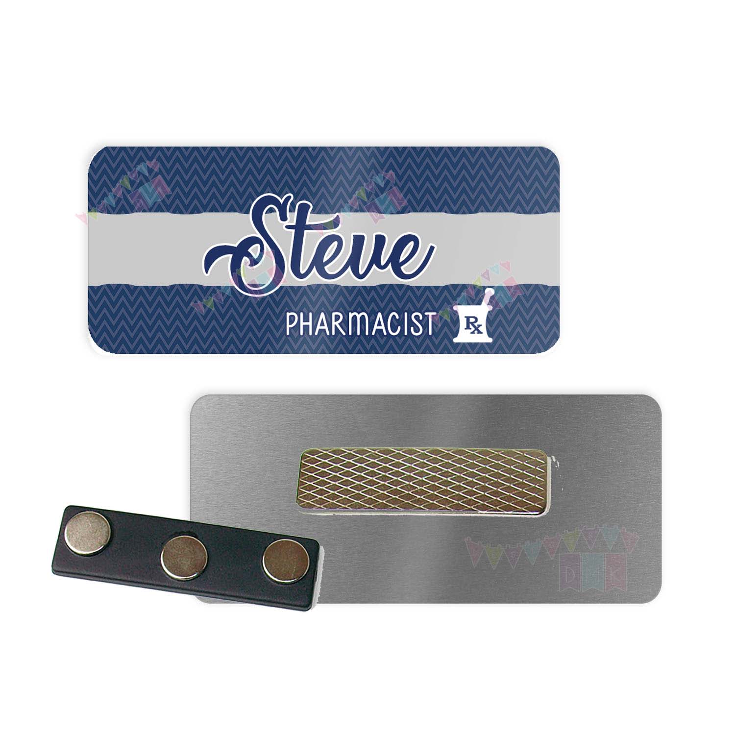 Pharmacy - Mortar & Pestle - Blue Chevron Grey - PERSONALIZED - Custom Name Tag - 1.25" x 3" Magnetic OR Pin Back