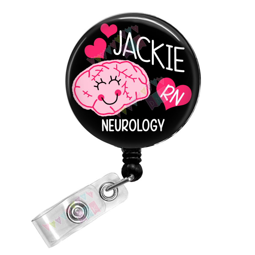 Bryelle the Brain - Personalized - Neurology RN - Black - Button Badge Reel  - Retractable ID Holder