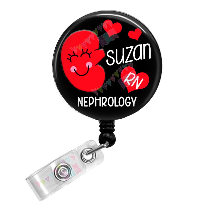 Kynnedy the Kidney - Personalized - Nephrology - Black - Button Badge Reel  - Retractable ID Holder